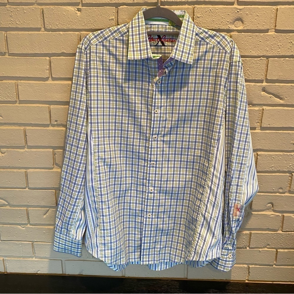 Robert Graham X Collection Large L Tailored Fit Flip Cuffs Striped Plaid Blue